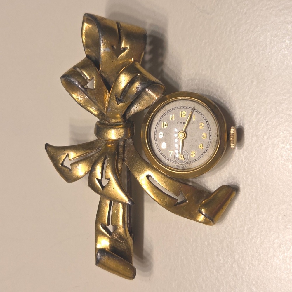 Vintage Creations Signed Gold Tone Bow Watch Brooch Working Woman's Runs AS IS